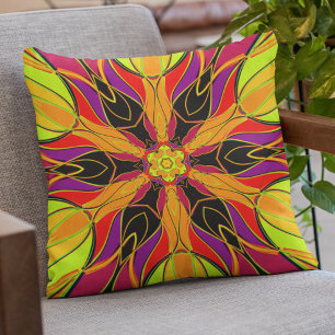 Cartoon Mandala Flower Orange Purple and Red Throw Pillow