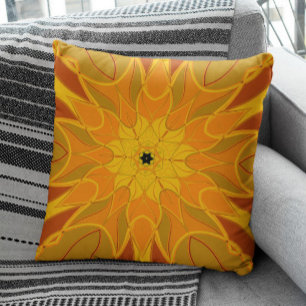 Cartoon Mandala Flower Orange Yellow and Red Throw Pillow