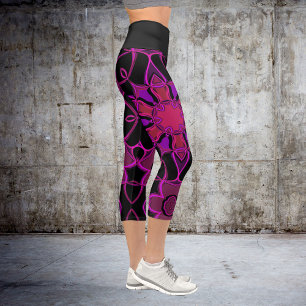 Cartoon Mandala Flower Pink and Black Capri Leggings