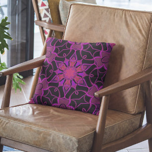Cartoon Mandala Flower Pink and Black Throw Pillow