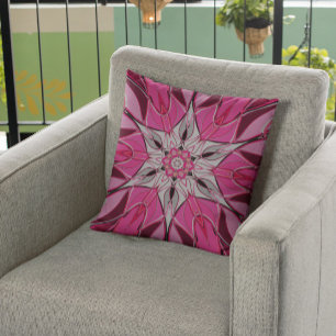 Cartoon Mandala Flower Pink and White Throw Pillow