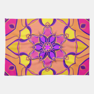 Cartoon Mandala Flower Pink Purple and Orange Kitchen Towel