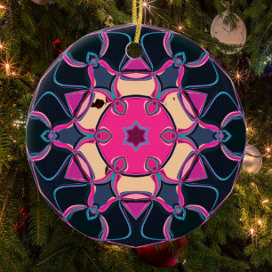Cartoon Mandala Flower Pink Yellow and Black Ceramic Ornament
