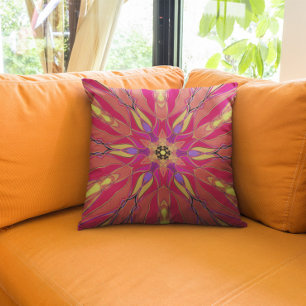Cartoon Mandala Flower Pink Yellow and Purple Throw Pillow