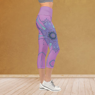 Cartoon Mandala Flower Purple and Blue Capri Leggings
