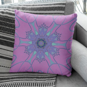 Cartoon Mandala Flower Purple and Blue Throw Pillow