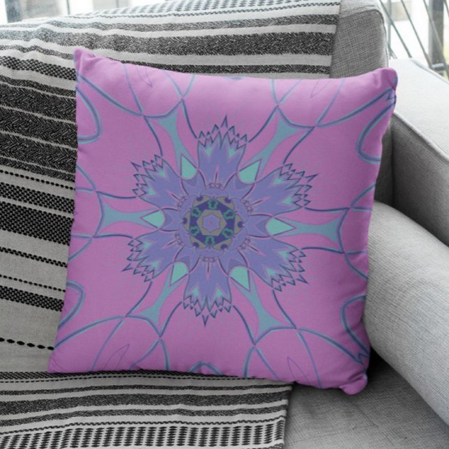 Cartoon Mandala Flower Purple and Blue Throw Pillow (Creator Uploaded)