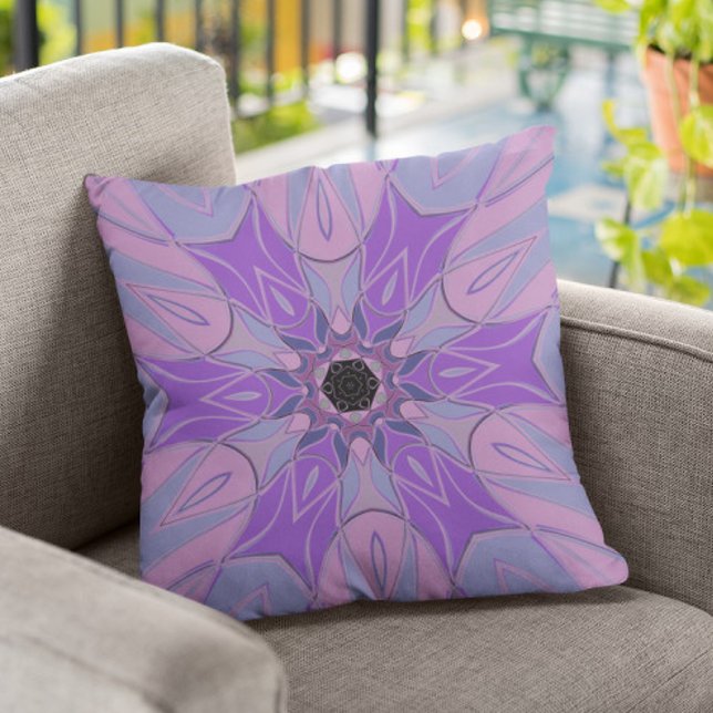 Cartoon Mandala Flower Purple Pink and Blue Throw Pillow (Creator Uploaded)