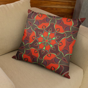 Cartoon Mandala Flower Red and Teal Throw Pillow