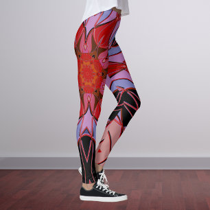 Cartoon Mandala Flower Red Blue and Pink Leggings