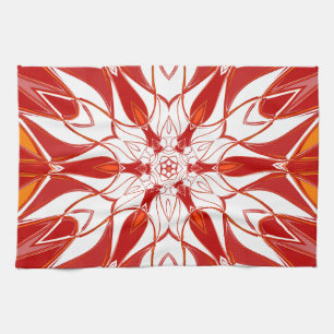 Cartoon Mandala Flower Red Orange and White Kitchen Towel
