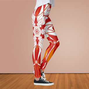 Cartoon Mandala Flower Red Orange and White Leggings