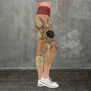 Cartoon Mandala Flower Red Orange and Yellow Capri Leggings