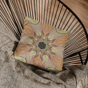 Cartoon Mandala Flower Red Orange and Yellow Throw Pillow