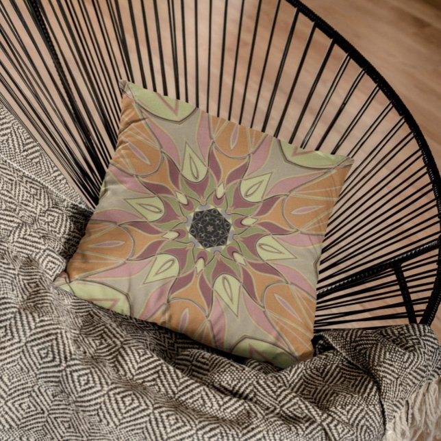 Cartoon Mandala Flower Red Orange and Yellow Throw Pillow (Creator Uploaded)