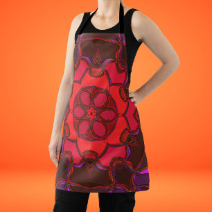 Cartoon Mandala Flower Red Pink and Purple Apron