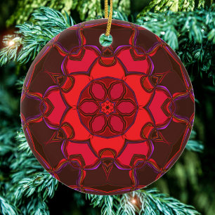 Cartoon Mandala Flower Red Pink and Purple Ceramic Ornament