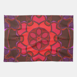 Cartoon Mandala Flower Red Pink and Purple Kitchen Towel