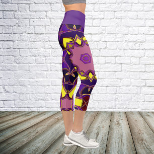 Cartoon Mandala Flower Yellow and Purple Capri Leggings