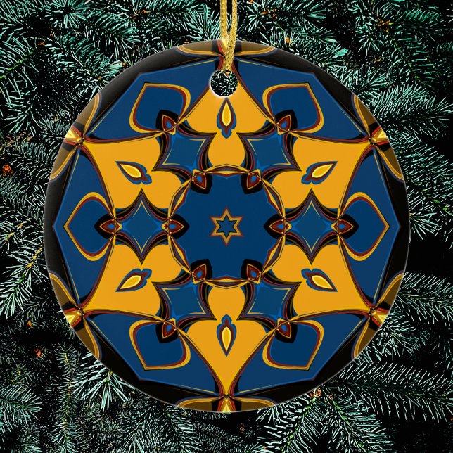 Cartoon Mandala Flower Yellow Blue and Orange Ceramic Ornament (Creator Uploaded)