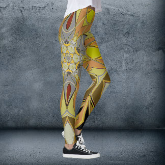 Cartoon Mandala Flower Yellow Grey and Red Leggings
