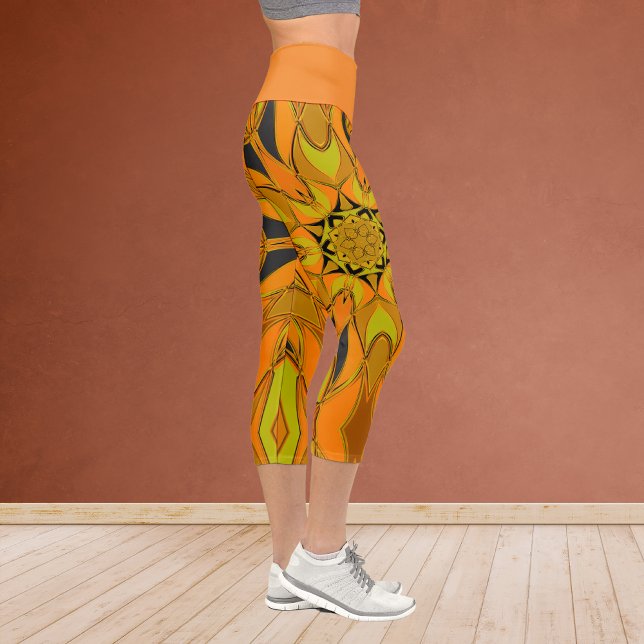 Cartoon Mandala Flower Yellow Orange and Blue Capri Leggings (Creator Uploaded)