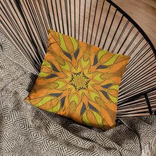 Cartoon Mandala Flower Yellow Orange and Blue Throw Pillow