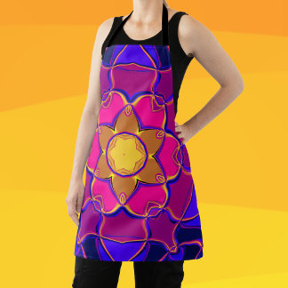 Cartoon Mandala Flower Yellow Pink and Blue Apron