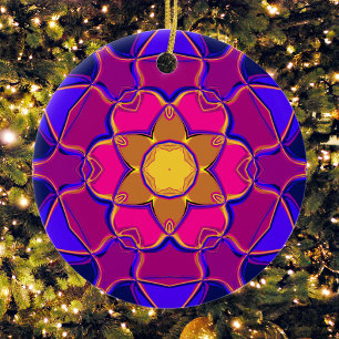 Cartoon Mandala Flower Yellow Pink and Blue Ceramic Ornament