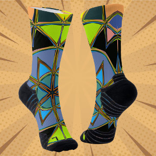 Cartoon Mandala Green Blue and Orange Socks