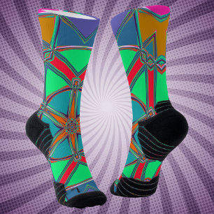 Cartoon Mandala Green Red and Blue Socks