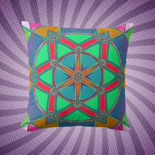 Cartoon Mandala Green Red and Blue Throw Pillow
