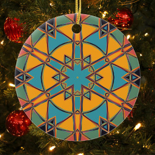 Cartoon Mandala Yellow Blue and Orange Ceramic Ornament