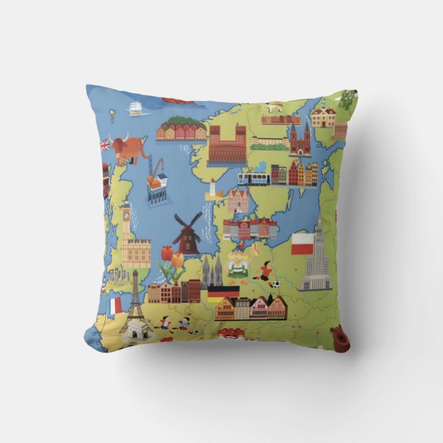 Cartoon Map of Europe Throw Pillow (Front)