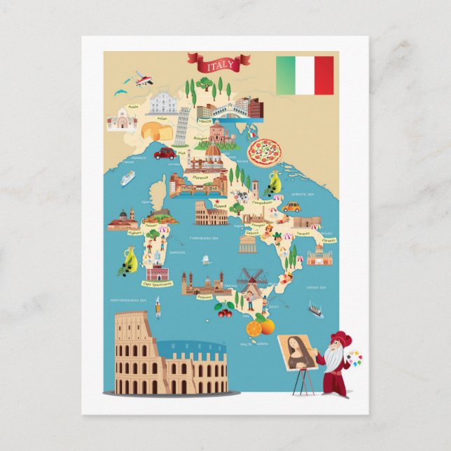 Cartoon Map of Italy Postcard (Front)