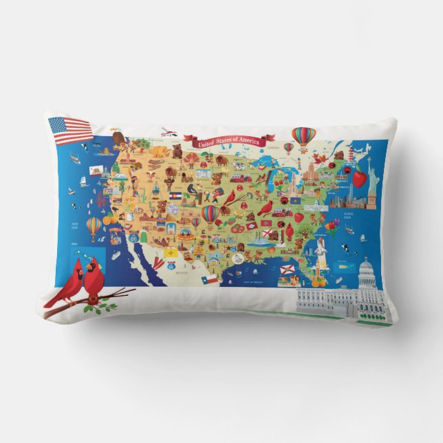 Cartoon Map of USA Lumbar Pillow (Front)