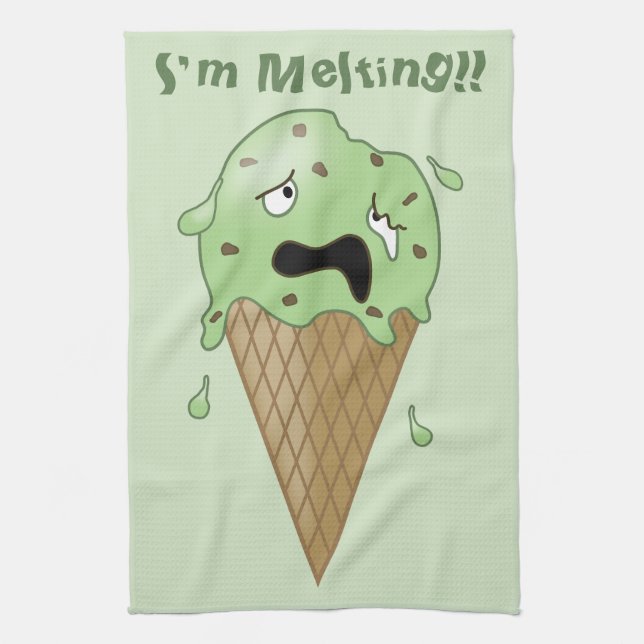 Cartoon Melting Ice Cream Cone (I'm Melting) Kitchen Towel (Vertical)