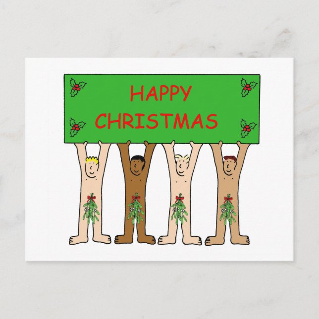 Cartoon Men Wearing Christmas Mistletoe. Postcard (Front)