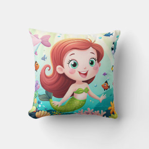 cartoon mermaid girl in the sea with fish throw pillow