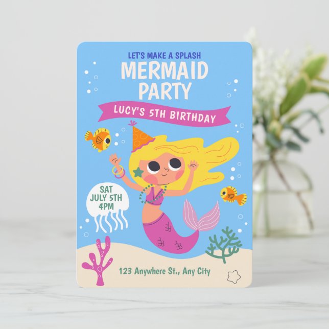Cartoon Mermaid Under The Sea Birthday Invitation (Standing Front)