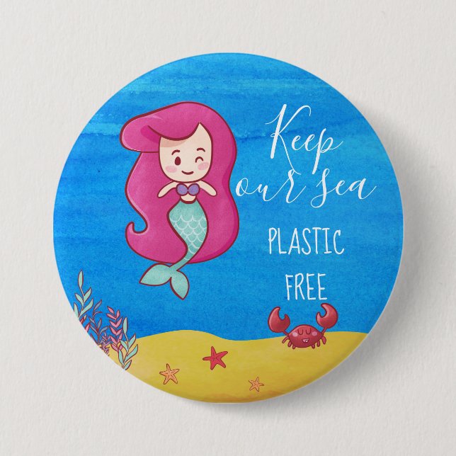 Cartoon mermaid with crab keep sea plastic free 3 inch round button (Front)