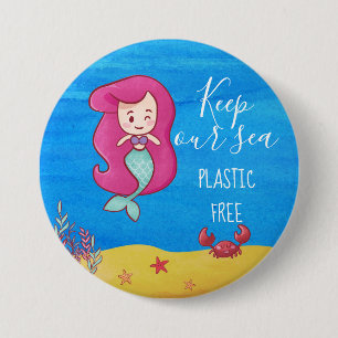 Cartoon mermaid with crab keep sea plastic free 3 inch round button