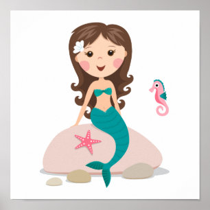 Cartoon mermaid with starfish and seahorse poster