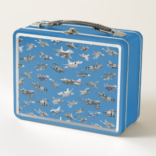 Cartoon military airplanes seamless pattern metal lunch box