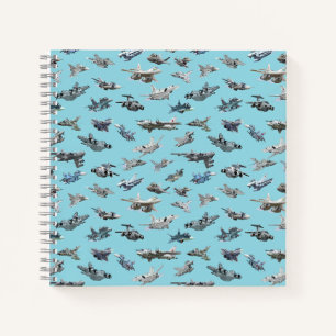 Cartoon military airplanes seamless pattern notebook