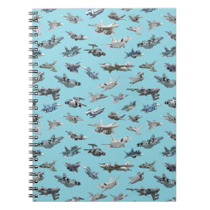 Cartoon military airplanes seamless pattern notebook