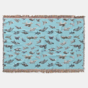 Cartoon military airplanes seamless pattern throw blanket