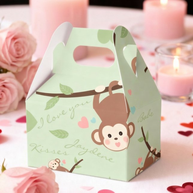 Cartoon Monkey Pastel Green Favour Box (Adorably cute with custom message for valentine, birthday or just because.)