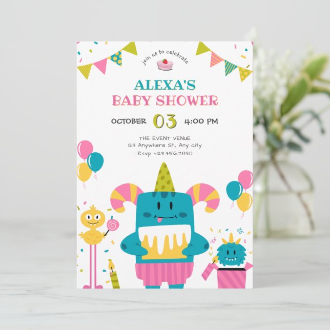 Cartoon monster baby shower invitation (Standing Front)