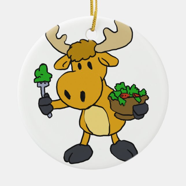 Cartoon moose eating salad | choose back colour ceramic ornament (Front)